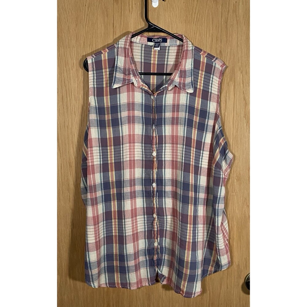 Chaps Women's 3X Sleeveless Top Plaid Button Down 100% Cotton CottageCore Preppy